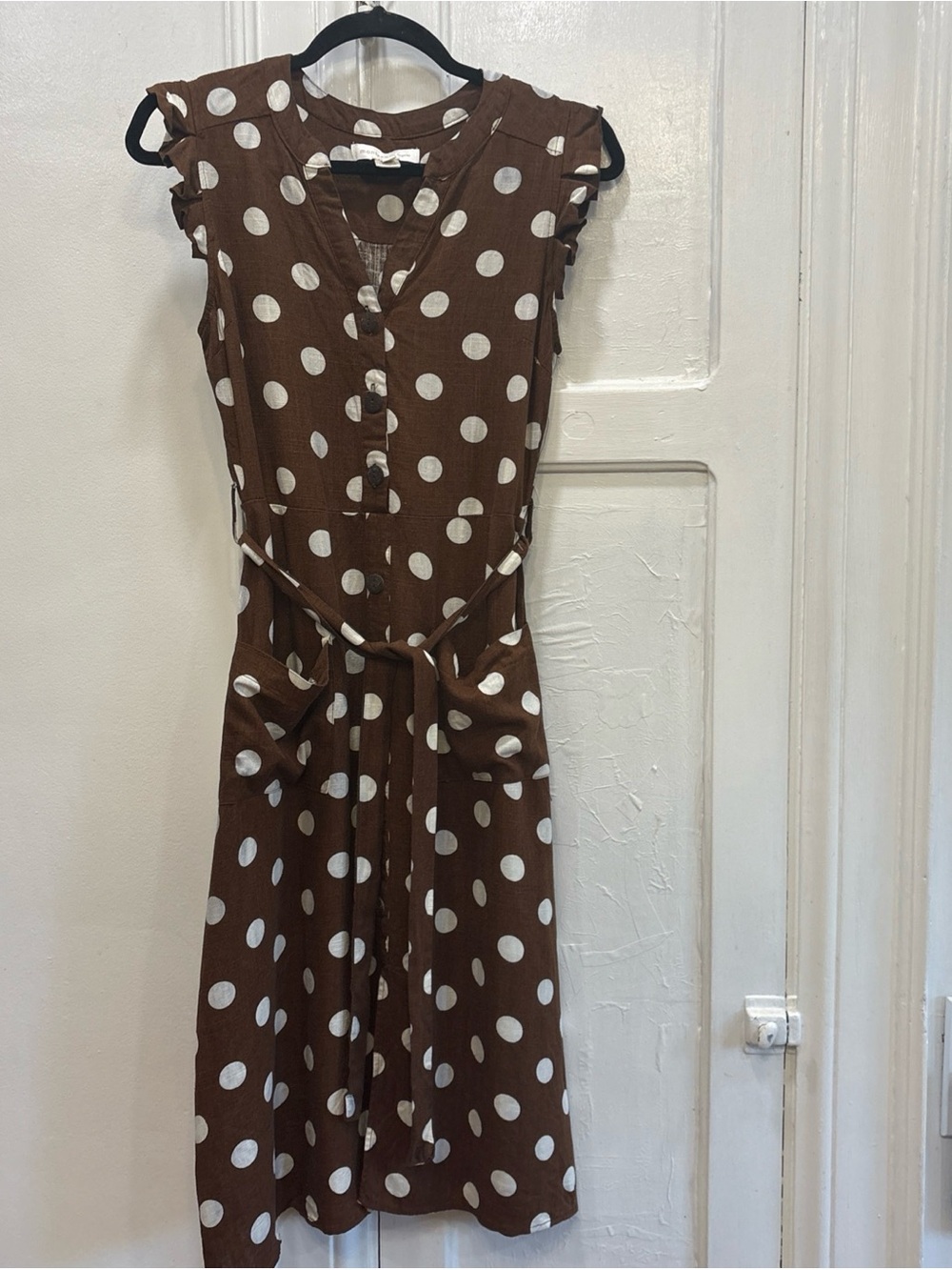 MONTEAU Los Angeles Juniors’ Brown Polka Dot Cap Ruffle Sleeve Midi Sz S